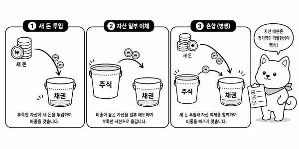 신규 투자금 활용, 매도 후 매수, 혼합 방식의 세 가지 포트폴리오 리밸런싱 방법을 보여주는 일러스트