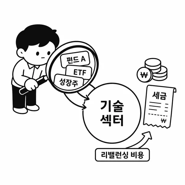 여러 투자 상품의 기술주 비중 겹침과 리밸런싱 시 세금 및 거래 비용을 확인하는 투자자 일러스트