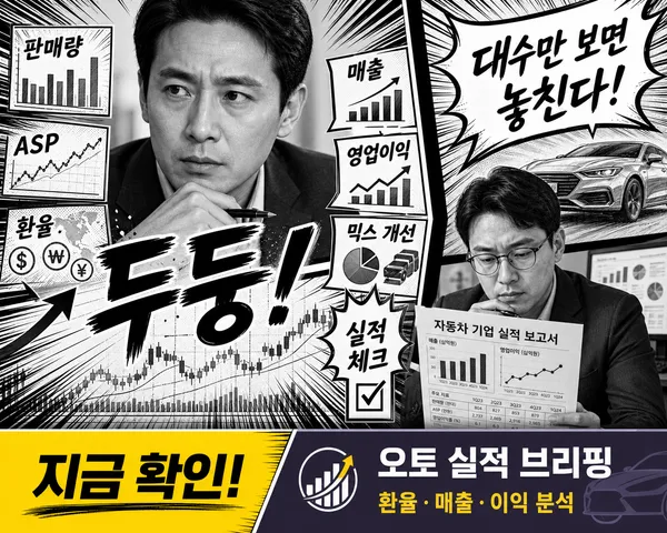 자동차 판매량과 환율, 매출과 영업이익의 관계를 표현한 만화풍 이미지