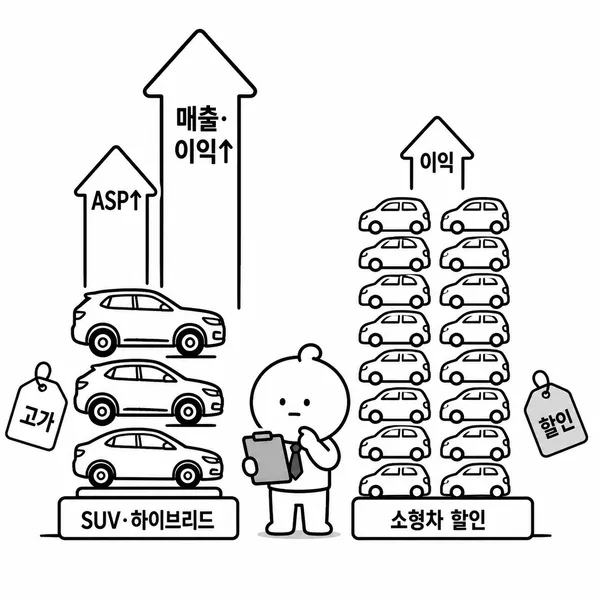 프리미엄 SUV와 하이브리드 비중, ASP가 자동차 수익성에 미치는 영향을 비교한 일러스트