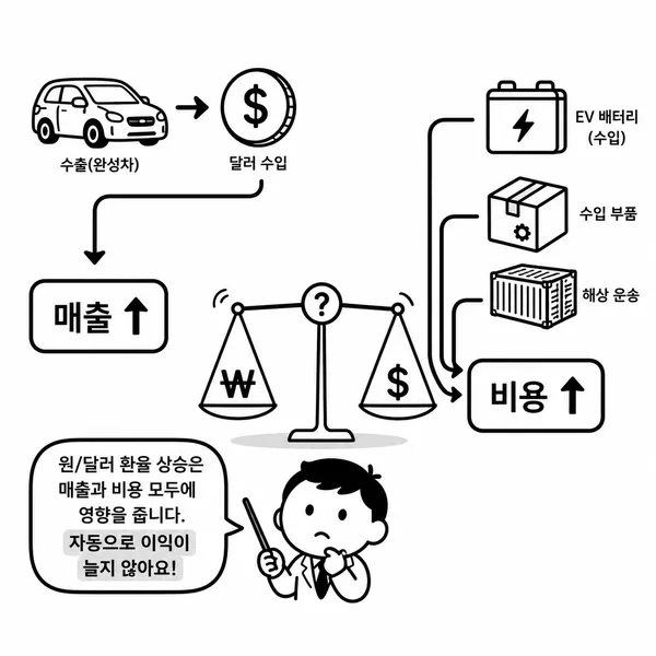 원달러 환율 상승이 자동차 수출 매출과 수입 비용에 동시에 미치는 영향을 설명한 일러스트