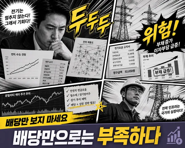 전력망 차트와 투자자, 송전탑을 통해 유틸리티 투자 위험을 표현한 메인 이미지