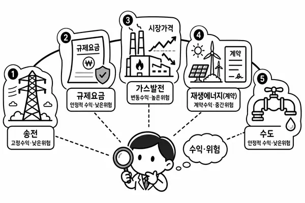 송전망, 규제요금, 발전소, 재생에너지, 수도 사업의 차이를 보여주는 유틸리티 사업 모델 일러스트
