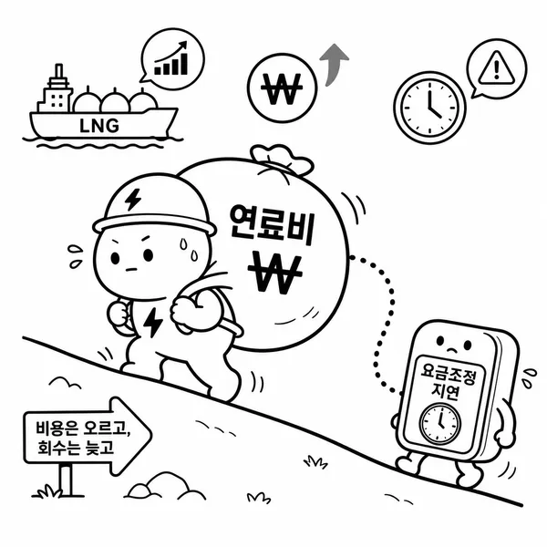 연료비 부담을 지고 오르막을 오르는 유틸리티 회사와 늦게 따라오는 요금 조정 계량기 일러스트