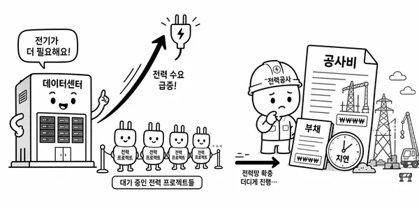 전력 공급을 요청하는 데이터센터와 송전망 건설비 및 부채 부담을 마주한 유틸리티 회사를 보여주는 일러스트