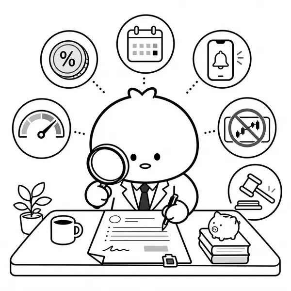 투자자가 주식담보대출 약정서와 금리, 만기, 알림, 담보비율 항목을 확인하는 일러스트
