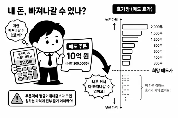 얇은 매수 호가와 매도 주문 규모를 비교하는 소형주 투자자 일러스트