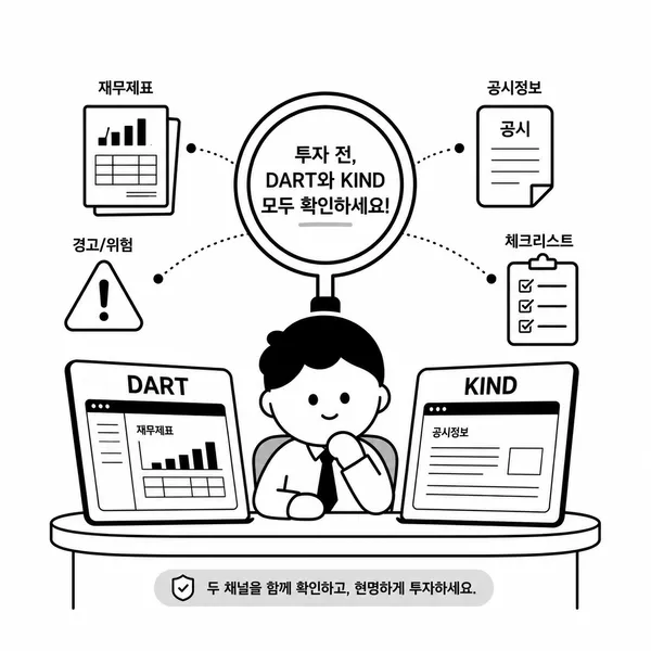 DART와 KIND 공시 사이트를 함께 확인하는 투자자 일러스트