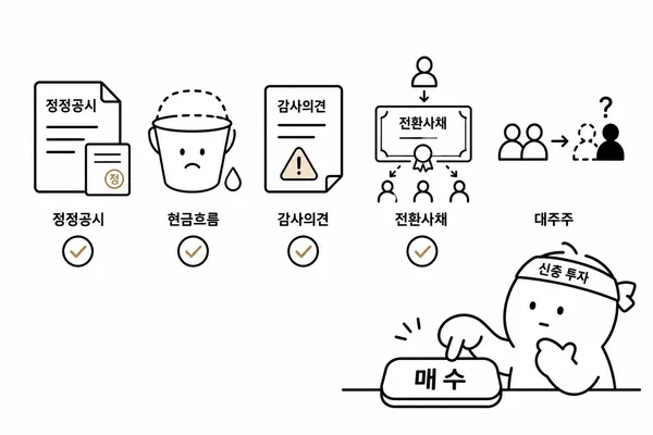 정정공시와 현금흐름, 감사의견, 전환사채, 최대주주 변동을 점검하는 투자자 일러스트