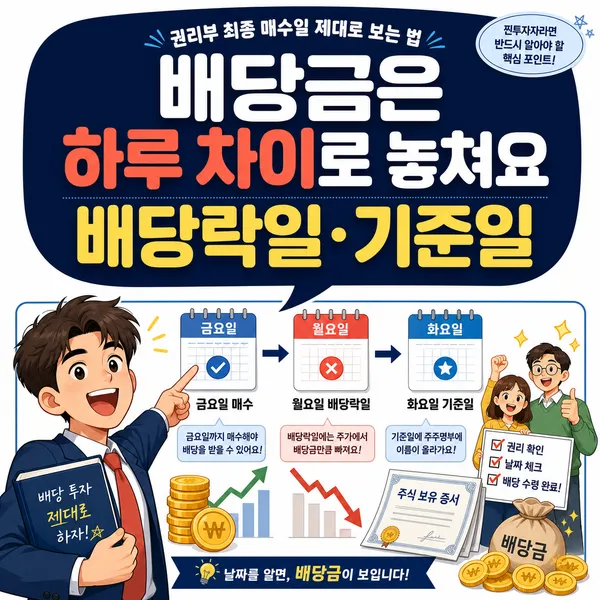 배당락일과 배당기준일, 권리부 최종 매수일의 관계를 보여주는 배당 투자 일정 일러스트
