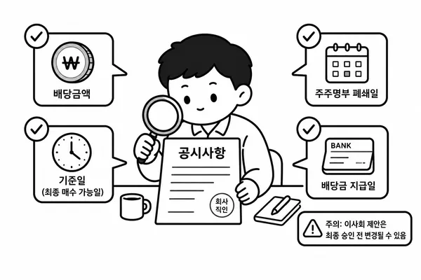 배당금액, 기준일, 권리부 최종 매수일, 지급일을 공시에서 확인하는 투자자 일러스트