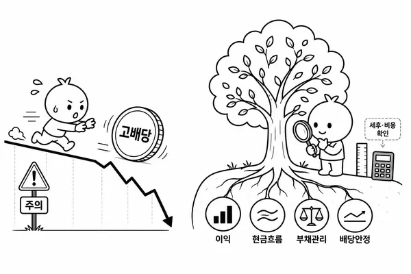 단기 고배당 추격과 이익, 현금흐름, 부채, 안정적 배당을 살피는 지속 가능한 배당 투자를 비교한 일러스트