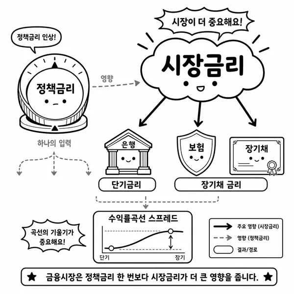 기준금리와 단기금리, 장기금리, 장단기 금리차의 관계를 보여주는 일러스트