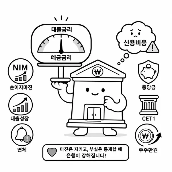대출금리와 예금금리 차이, 신용비용을 살피는 은행 마스코트 일러스트