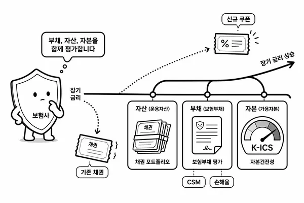 장기금리가 보험사의 채권, 보험부채, K-ICS 자본비율에 미치는 영향을 보여주는 일러스트