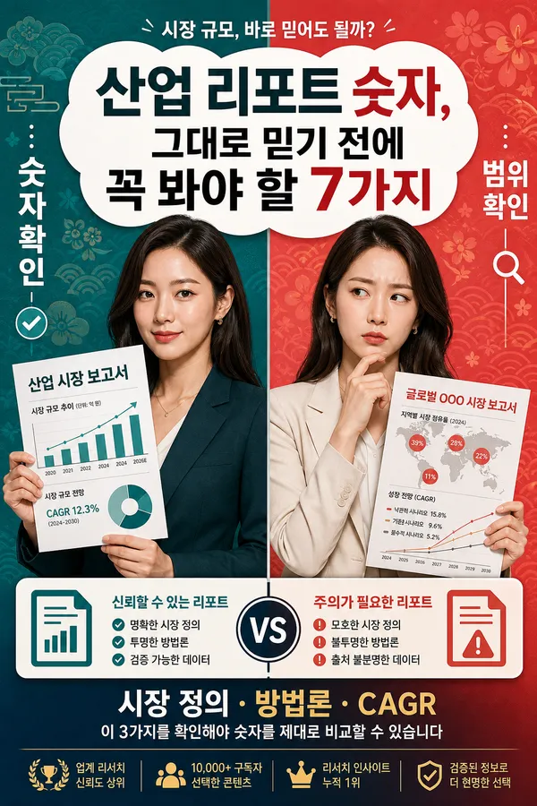 서로 다른 산업 리포트를 비교하며 시장 정의와 방법론을 확인하는 모습