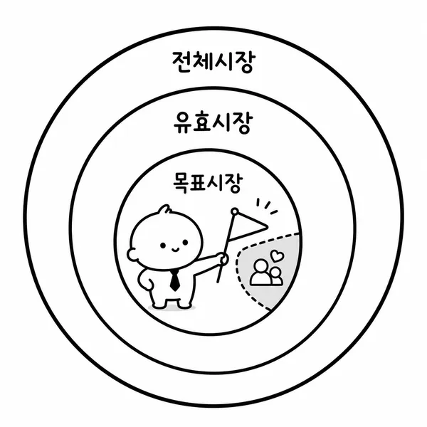 TAM, SAM, SOM으로 시장 범위를 단계적으로 좁히는 그림