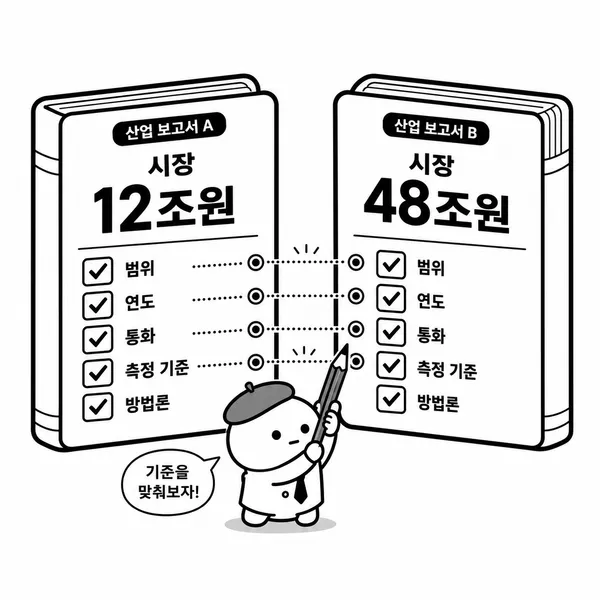 두 산업 리포트의 시장 규모와 조사 기준을 체크리스트로 비교하는 모습