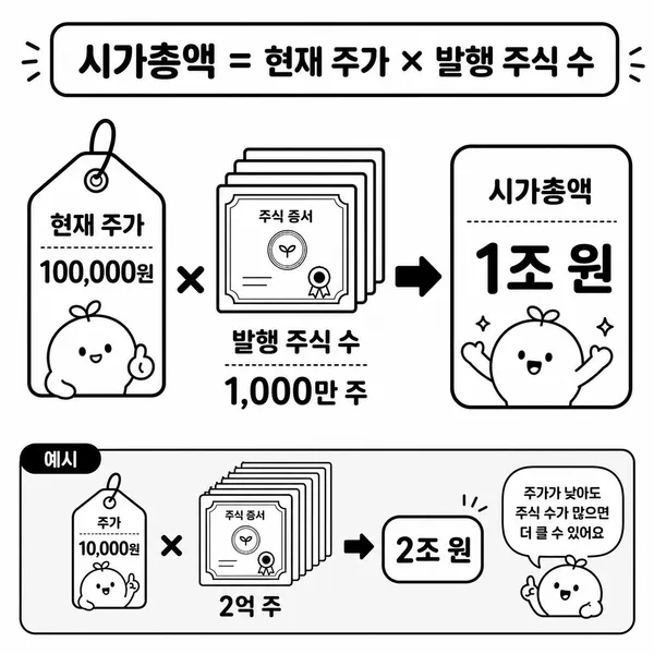현재 주가와 발행주식수를 곱해 시가총액을 계산하는 공식 인포그래픽