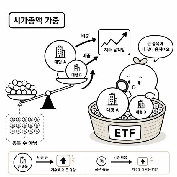 시가총액이 큰 기업의 움직임이 주가지수와 ETF 비중에 미치는 영향을 보여주는 일러스트
