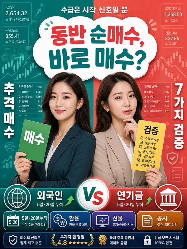 외국인과 연기금 동반 순매수 시 확인해야 할 수급 데이터를 보여주는 이미지