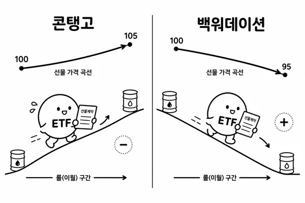 콘탱고와 백워데이션에서 선물 롤수익률이 달라지는 모습을 비교한 인포그래픽