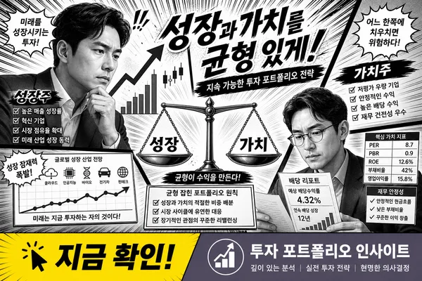 성장주와 가치주의 균형을 비교하는 투자 포트폴리오 일러스트