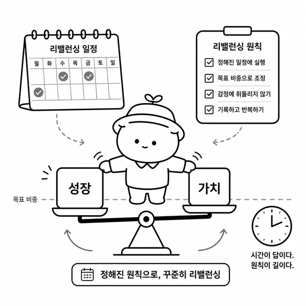 달력과 체크리스트를 보며 성장주와 가치주 비중을 조절하는 규칙 기반 리밸런싱 일러스트