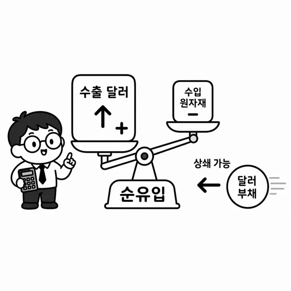달러 수출 매출에서 수입 원재료와 달러 부채를 빼는 순외화 노출도 계산 일러스트