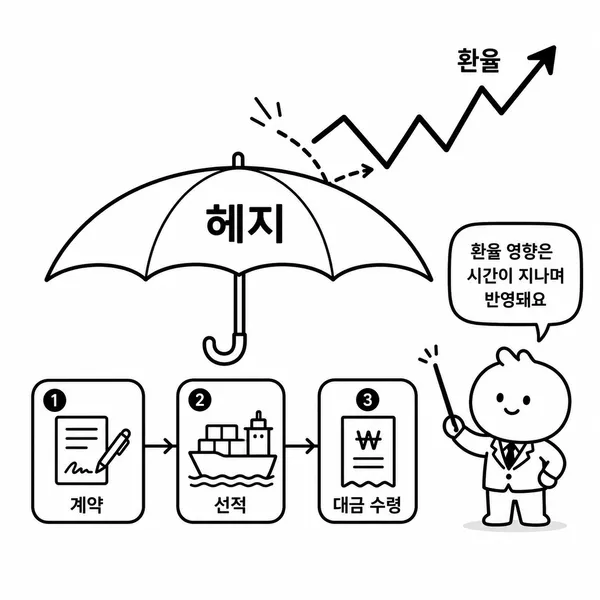 계약 체결부터 선적과 대금 회수까지 환헤지와 결제 시점을 보여 주는 타임라인 일러스트