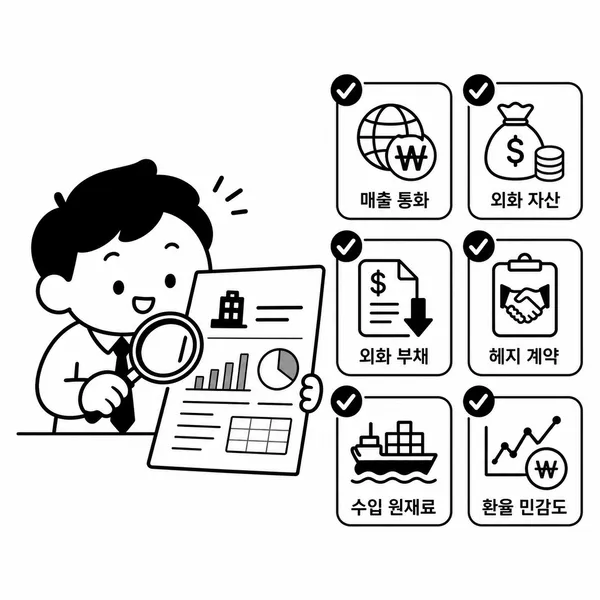 기업 보고서에서 매출 통화, 외화자산과 부채, 환헤지, 원재료, 환율 민감도를 확인하는 투자자 일러스트