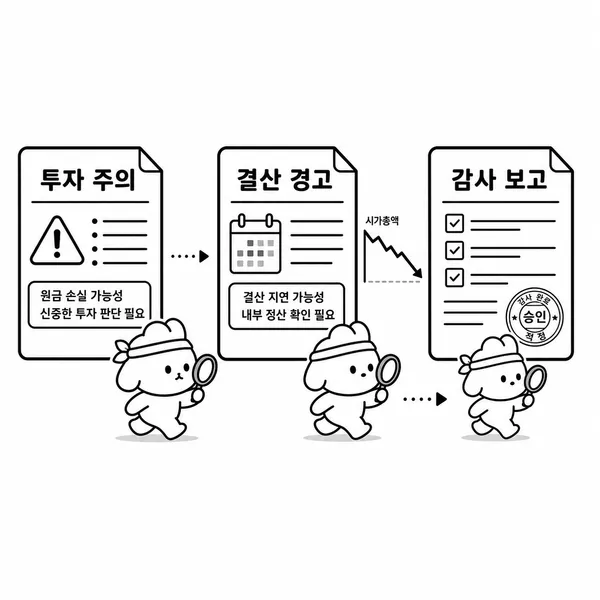 투자유의안내와 내부결산 공시, 감사보고서를 확인하는 일러스트