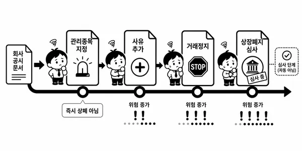 관리종목 지정 이후 추가 사유와 거래정지, 상장폐지 심사 흐름을 보여주는 일러스트