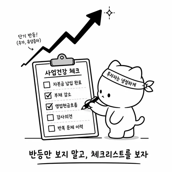 주가 반등보다 납입 완료와 부채 감소, 영업현금흐름, 감사의견을 확인하는 일러스트