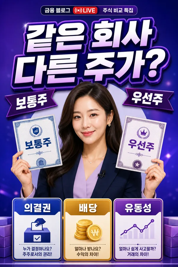 보통주와 우선주의 가격과 권리 차이를 비교하는 금융 안내 이미지