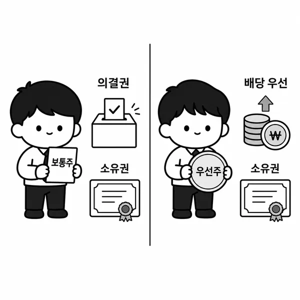 의결권 중심의 보통주와 배당 우선권 중심의 우선주를 비교한 일러스트