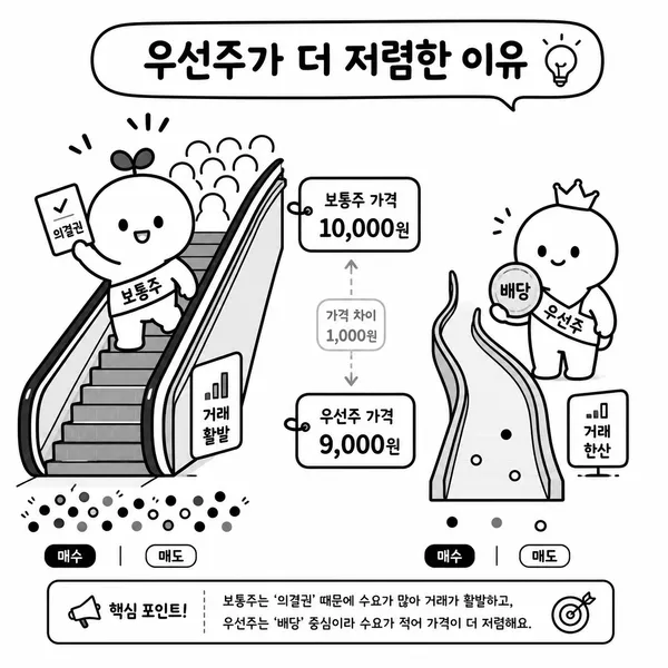 의결권과 유동성 차이 때문에 우선주가 할인 거래될 수 있음을 설명하는 일러스트