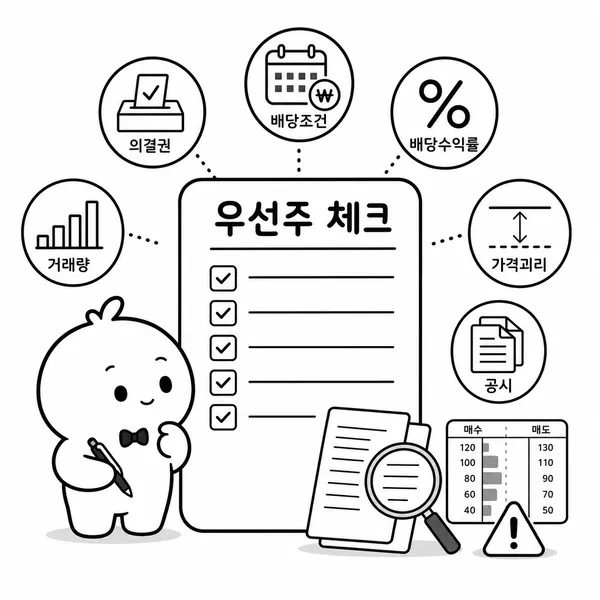 우선주 매수 전 의결권, 배당, 거래량, 공시를 점검하는 투자자 체크리스트 일러스트