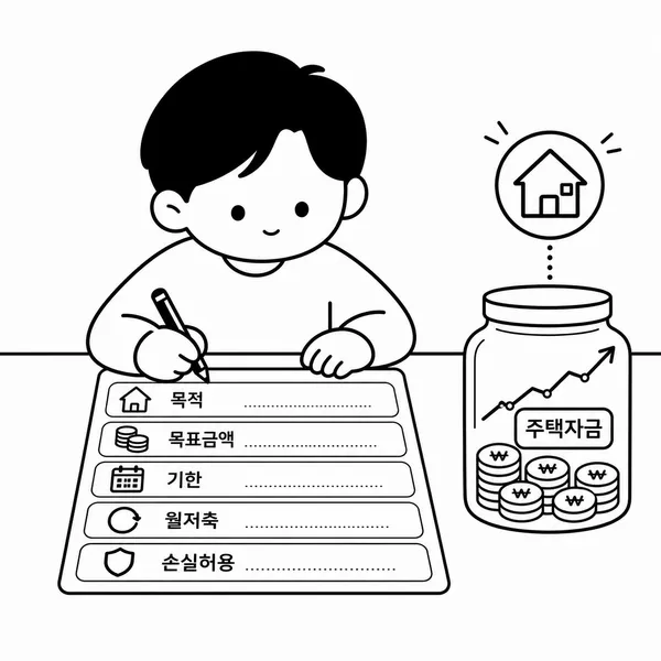 목적과 목표금액, 기한, 월 적립액, 손실 허용 범위를 작성하는 투자 목표 계획표