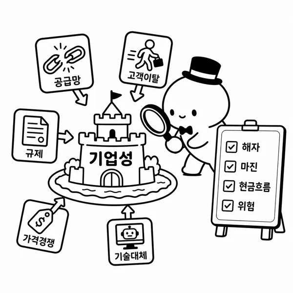 투자자가 돋보기로 기업을 살피며 공급망, 고객 이탈, 규제, 가격 경쟁, 기술 대체 위험을 점검하는 일러스트