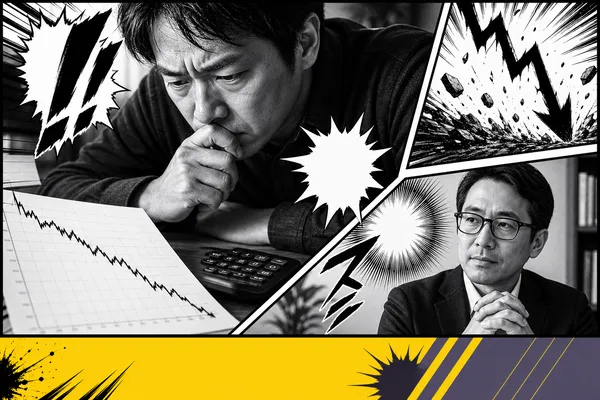 하락 차트와 계산기를 살피며 추가 매수를 고민하는 투자자 일러스트