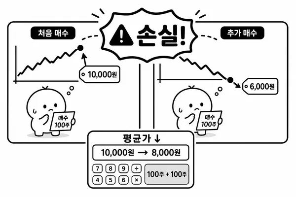 추가 매수로 평균단가는 낮아지지만 손실액은 즉시 줄지 않는 구조를 보여주는 일러스트