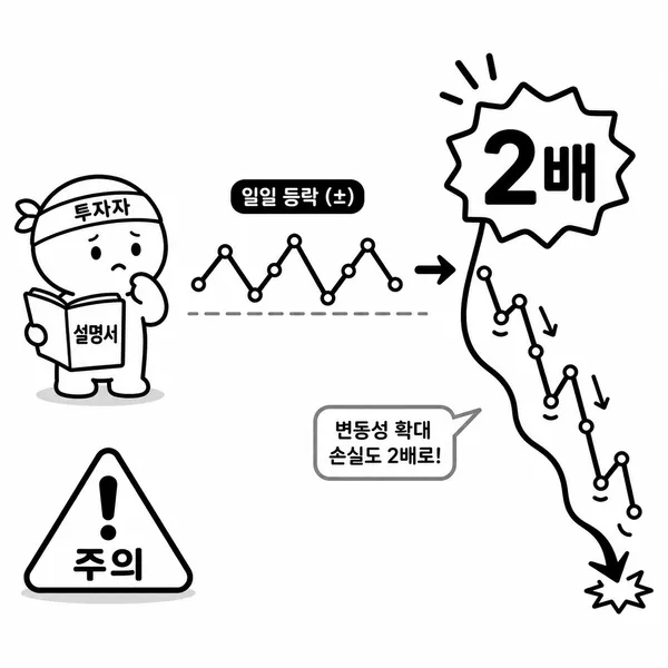 레버리지와 인버스 상품에서 반복되는 가격 변동이 누적 손실을 키울 수 있음을 경고하는 일러스트