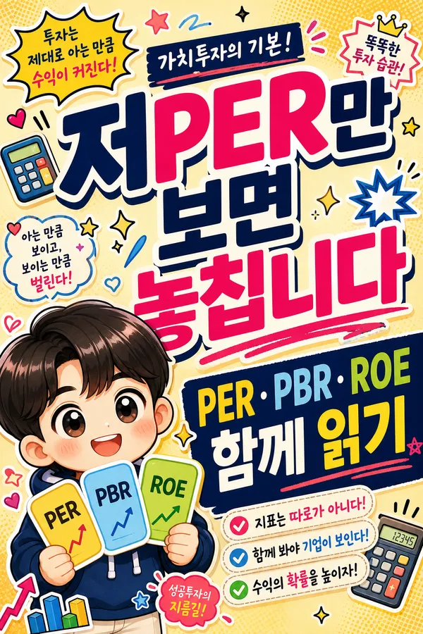 PER, PBR, ROE 카드를 든 캐릭터와 기업가치 지표를 함께 읽는 방법을 보여주는 제목 이미지