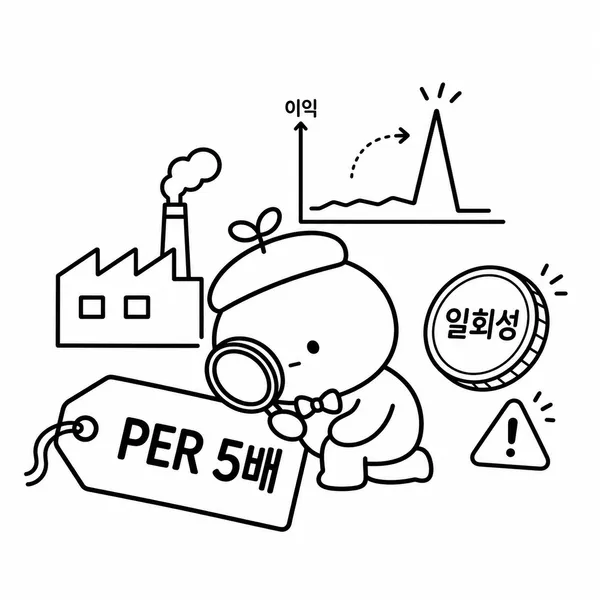 PER 5배 가격표를 돋보기로 살피며 일회성 이익 가능성을 확인하는 투자자 캐릭터