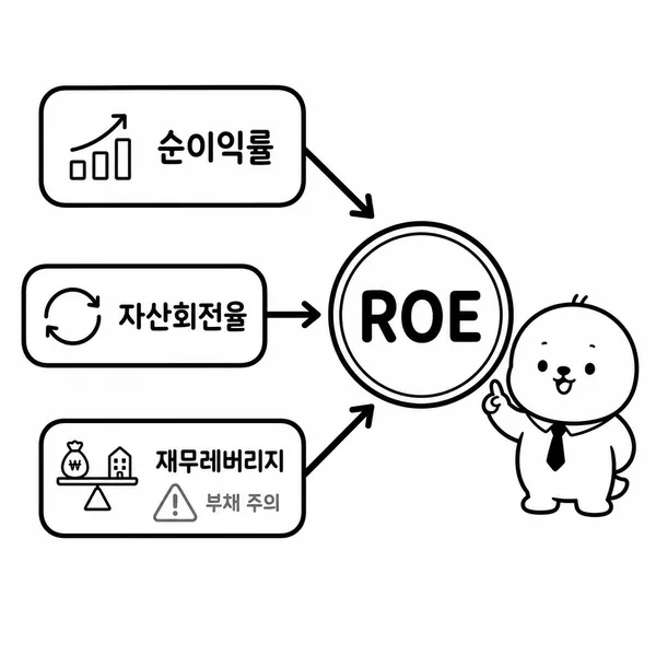 순이익률, 자산회전율, 재무레버리지가 ROE에 영향을 주는 구조와 부채 경고 표시