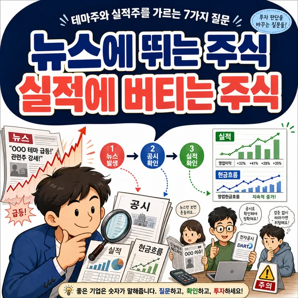 뉴스와 공시, 실적 차트를 비교하며 투자 판단을 하는 투자자 일러스트