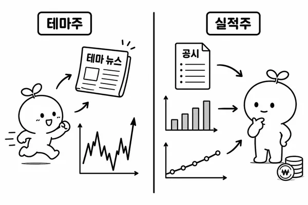신문 기사와 급등락 차트를 쫓는 테마주 투자자와 공시와 재무 차트를 확인하는 실적주 투자자 비교